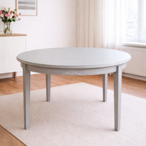 Jasnoszary okrągły stół z możliwością rozkładania - styl prowansalski