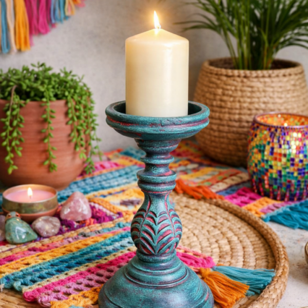 Świecznik w stylu boho ciemnoturkusowy 19 cm wysokości / SPRZEDANY