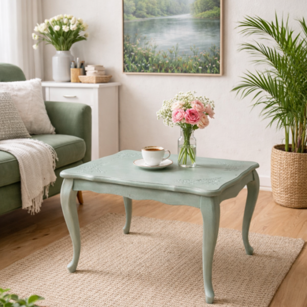 Stoliczek ludwikowski w odcieniu szałwiowej zieleni z roślinnymi motywami