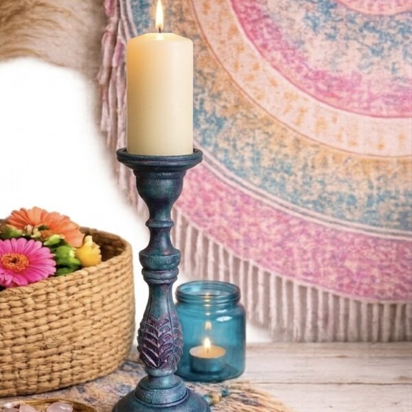 Wysoki świecznik w stylu boho ciemnoturkusowy 38 cm wysokości